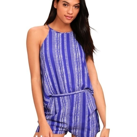 Lulu’s See You Smile Royal Blue Striped Romper - Picture 1 of 10